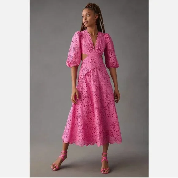 FARM Rio Pink Richelieu Midi Dress Eyelet Scallop Cutout Tuckernuck Sundress - Picture 9 of 9